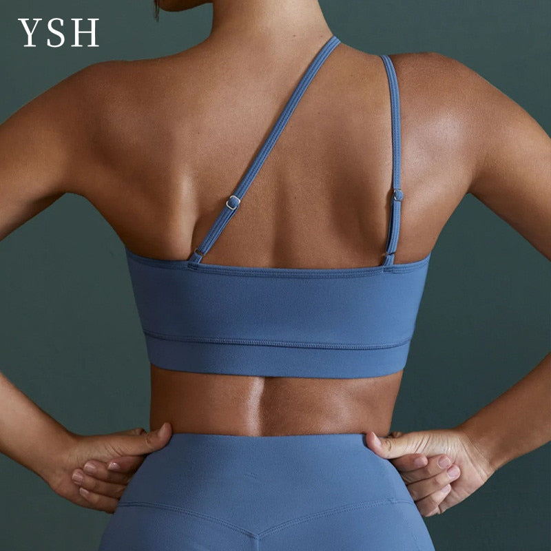 Sexy Diagonal Shoulder Strap Fitness Yoga Bra Lady Solid Color Sports Top Adjustable Sportswear For Women Gym Fitness Underwear